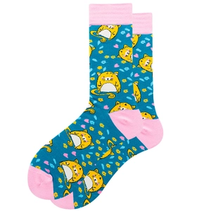 Detail of teal crew sock with cartoon fat cat pattern and pink toe and heel accents