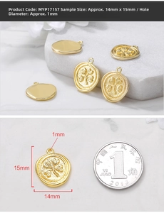 Detailed view of 15mm clover embossed metal pendant with size scale and coin reference
