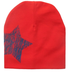 Red baby knitted beanie with a large blue star pattern, warm winter streetwear style