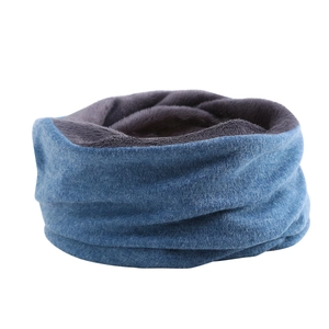 Close-up of blue denim-style neck warmer with soft dark gray fleece lining for warmth