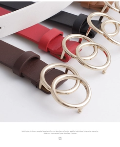 Classic women's belts in black, white, red, and brown with golden double circle buckles
