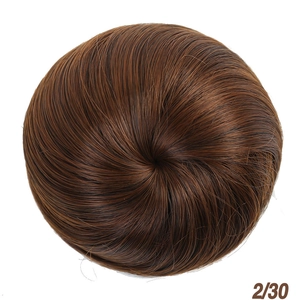 Detail of smooth dark brown synthetic hair bun with light brown highlights and 2/30 color code