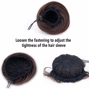 Dark brown drawstring hair bun with adjustable elastic cord and breathable mesh net