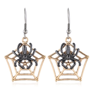 Gothic gold spider web earrings with a black spider design for Halloween fashion styles