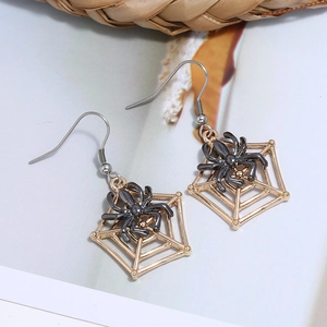 Close-up of Halloween spider web earrings featuring gold finish and dark grey spider detail