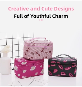 Close-up of portable square cosmetic bags with polka dot, daisy, and lip prints