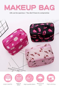 Detail of cosmetic bags with floral and lipstick prints featuring a portable handle