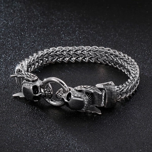 Square fish scale titanium steel bracelet for men with silver skull and crystal details