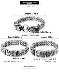 Detailed specs of men's stainless steel dragon bone bracelets with skull and pattern clasps