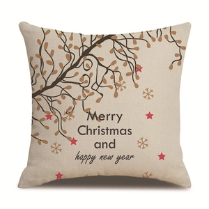 Detailed texture of linen Christmas pillowcase with Merry Christmas typography