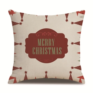 Detailed texture of linen Christmas pillowcase with red festive trees and Merry Christmas text