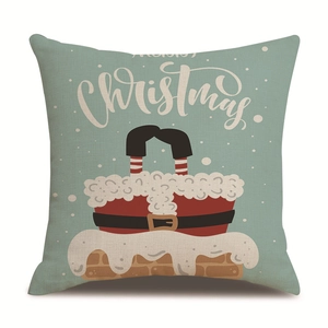 Housse de coussin de Noël en lin avec motif Père Noël et flocons sur fond bleu-vert
