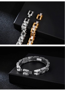 Industrial brushed stainless steel chain bracelet with silver and gold-tone links