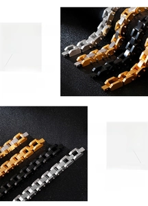 Macro detail of industrial 316L stainless steel chain bracelets in various metallic finishes