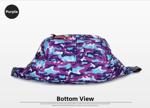 Detail view of the purple camouflage waist bag showing waterproof nylon and secure buckle