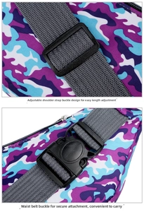 Detail of adjustable purple camo nylon strap with heavy-duty plastic quick release buckle