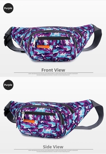 Detail view of purple camo nylon waist bag with sport patch and multiple zip pockets