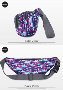 Detailed side and back views of a purple camouflage waterproof nylon sports waist bag
