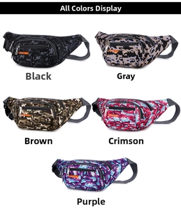 Waterproof nylon waist bags shown in five camo colors with front SPORT label detail