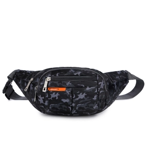Waterproof black camouflage nylon sports waist bag with adjustable strap and multi-zippers
