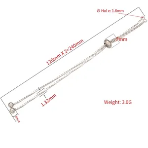 Base bracciale regolabile in rame con cursore a sfera, catena box e perlina da 7mm