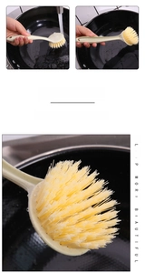 Detailed view of high-density fiber bristles and long handle kitchen cleaning brush