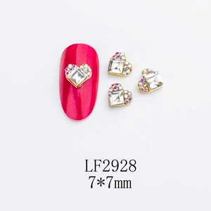 Detail of heart-shaped nail charm with square crystal and colorful rhinestones, 7x7mm