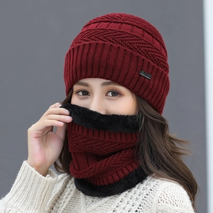 Winter knitted beanie hat and neck warmer scarf set in burgundy for women's warmth