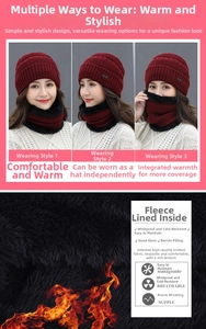 Detailed view of the burgundy knitted hat set featuring a thick fleece lining for winter warmth