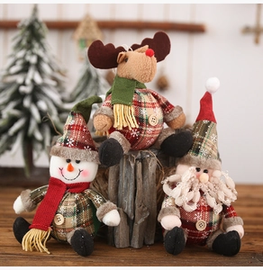 Christmas plush ornaments set featuring reindeer, snowman, and Santa in red plaid fabric