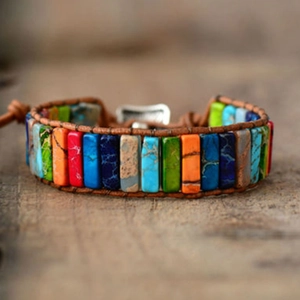 Handmade bohemian multilayer imperial stone bracelet with woven brown leather cord