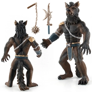 Detailed brown werewolf warrior action figure set with golden armor and weapon accessories