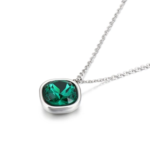Elegant silver necklace featuring a 15mm square emerald green pendant on a plain white background