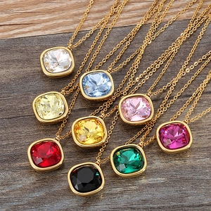 Minimalist 15mm square gemstone pendant necklaces in various colors with golden metal frames