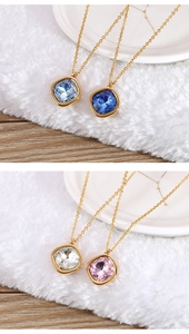 Detail showing square cushion-cut crystal pendants in blue, pink, and white on gold chains