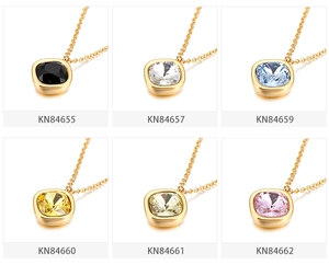Detailed grid view of 13mm square zircon pendant necklaces in six vibrant assorted colors