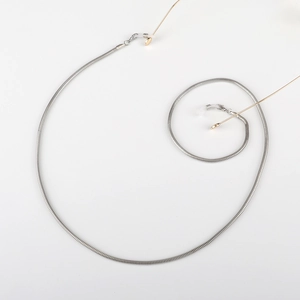 Sleek silver metal snake chain eyeglass strap spiraled on a minimalist white background