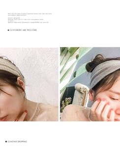 Detail showing elastic wide headbands with plaid pattern and gray ribbed knit texture