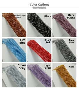 Close-up showing nine assorted colors of metallic string curtains for home decor