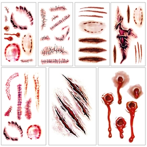 Realistic Halloween scar tattoo stickers featuring bloody wounds, stitches and spider patterns