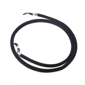 Detail of black suede sports eyewear strap with silver metal clips and rubber loops
