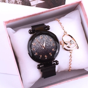 Women's magnetic starry sky watch set with heart pendant bracelet in pink gift box