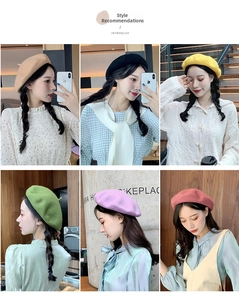 Detail view of colorful wool berets in beige, black, yellow, green, purple and pink colors