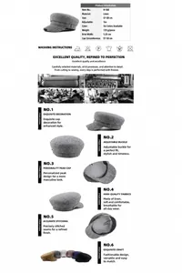 Infografica dettagliata di un cappello newsboy tinta unita con specifiche