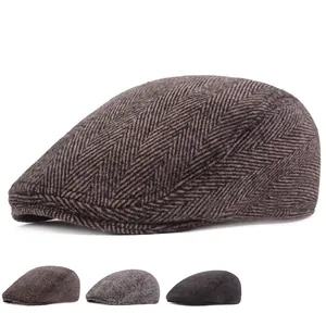 Vintage Herringbone Newsboy Cap Men Women Winter Warm Woolen Blend Cotton Beret British Style Flat Cap Short Brim Hat