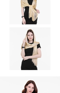 Three-way collage of an elegant gold shimmering evening shawl with tassel details for women