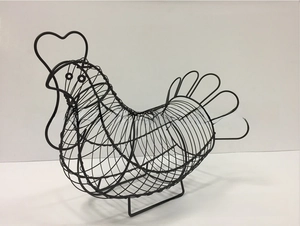 Detailed wire mesh weaving and rooster-shaped design on a black iron egg storage basket