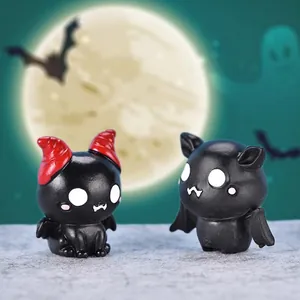 Halloween resin miniature set featuring a cute black devil and a small bat figurine