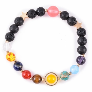 Vue détaillée du bracelet perles système solaire avec pierres de lave et étoiles
