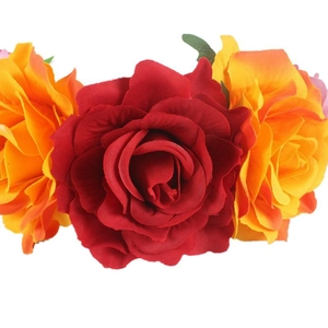 Halloween Mexican party headband featuring large red and orange velvet roses on white